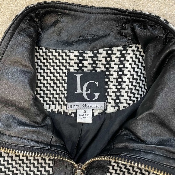 Lena Gabrielle Womens Sz 10 Houndstooth Faux Leather Trim Zip Jacket Black White - Picture 4 of 13
